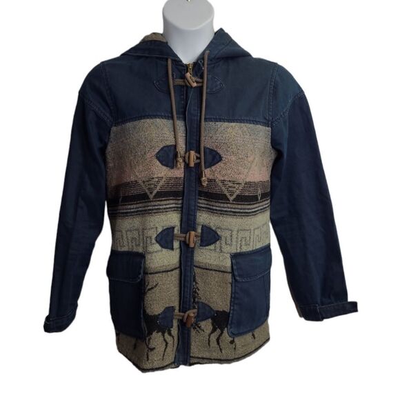 TOPSHOP Moto denim hooded blanket jacket with deer and western print 8 - Picture 1 of 10